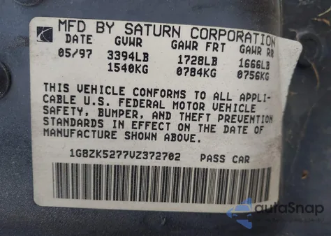 1997 Saturn Sl Sl2 z USA, uszkodzony, nr VIN 1G8ZK5277VZ372702